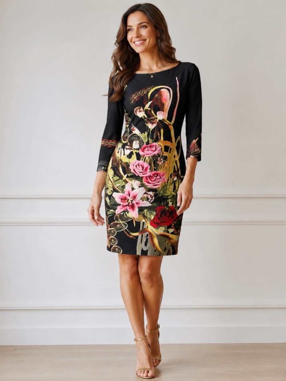 Joseph Ribkoff Long Sleeve Sheath Dress Black Pink Roses Size 12 Stretchy Knit - Picture 10 of 10